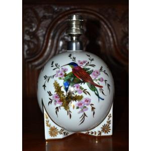 Pied De Lampe En Porcelaine De Limoges  à Décor d' Oiseaux, Forme Boule, Signé Elby