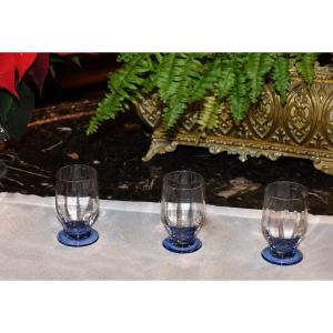 Daum Nancy, Set Of Three White Ribbed Glasses On Blue Stem, Art Deco Period, Circa 1930