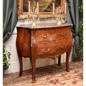 Small Louis XV Style Marquetry Chest Of Drawers, 2 Drawers, Marquetry, Bronze And Marble