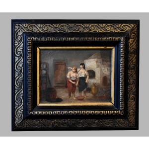 Interior Scene Painting On Cardboard Panel, Napoleon III Frame, 2 Figures, Two Women 