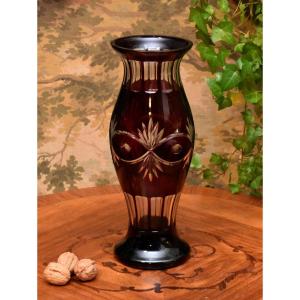 Large Cut And Engraved Crystal Vase Overlay, Garnet Red And Translucent In Color