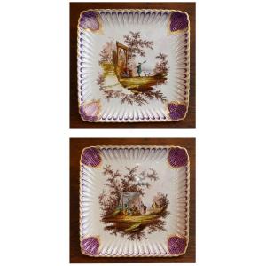 Pair Of Square Decorative Plates By Samson In Paris, Signed Vp In The Style Of Veuve Perrin 