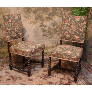 Pair Of Louis XIII Style Twisted Leg Chairs In Waxed Oak, Verdure Fabric, Late 19th Century