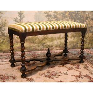 Large Louis XIII Style Stool, Walnut Twisted Leg Bench, Bed End, 19th Century Seat