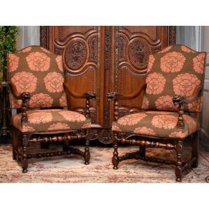 Pair Of Large Louis XIII - Louis XIV Style Armchairs With Flat Backs, Baluster Legs, 19th Century