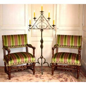 Pair Of Louis XIII Style Armchairs, Walnut, Baluster Legs         