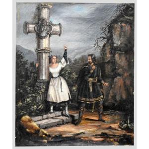 Tableau Alice Et Bertram  Devant Une Croix De Calvaire, Scène Tirée De l'Opera Robert Le Diable