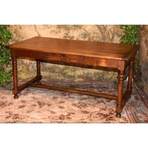 Solid Cherry Wood 1 Drawer Farmhouse Dining Or Office Table, Turned Legs 