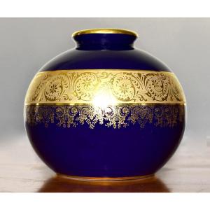 André Provot Limoges, Blue Oven Ball Vase, Double Gold Inlay, Polished With Agate