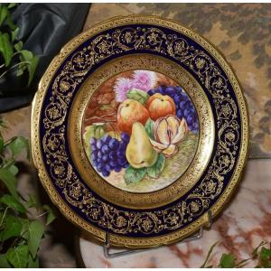 Decorative Dish, Limoges Porcelain, Oven Blue, Gold Inlay, Hand Painted Fruit Decor 