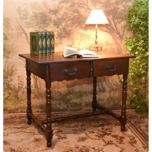 Louis XIII - Louis XIV Style Writing Table, Small Oak And Elm Desk With 2 Drawers, 19th Century