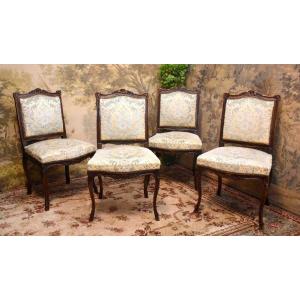 Set Of Four Regency Style Chairs, Blue Embossed Velvet Fabric, 4 Walnut Seats