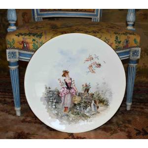 H. Cros Important Hand Painted Decorative Dish, Fine Earthenware, Late 19th Century, Woman And Angels Decor