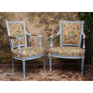 Pair Of Louis XVI Style Cabriolet Armchairs In Cream Lacquered Wood And Blue Rechampi, Late 19th Century