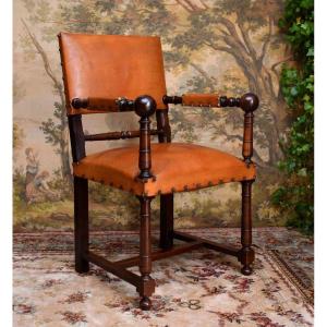 Louis XIII Style Armchair, 19th Century Arm Chair, Walnut, Leather For Office Seat Use