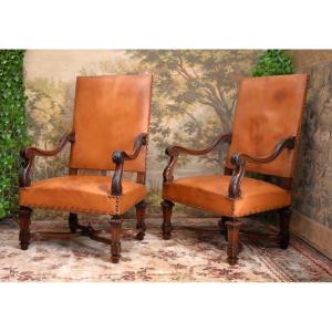 Pair Of Louis XIV Style Armchairs With Large Backs, Sheathed Legs, Leather Upholstery, 19th Century