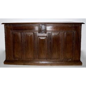 Large Oak Chest With Rectangular Panel Decor, With Lock, 16th Century 