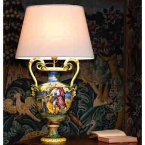 Large Italian Earthenware Lamp, Majolica In The Style Of Urbino, Antique Decor, Late 19th Century