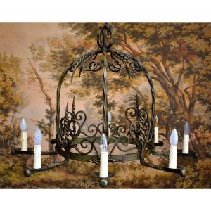 Large Green Lacquered Wrought Iron Crown Chandelier With 8 Light Arms, Renaissance Style 