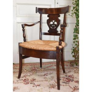 Directoire Style Straw Armchair, Straw Seat, Openwork And Sculpted Band Backrest