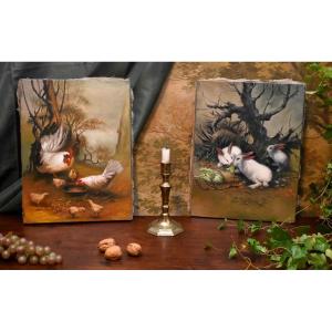 Pair Of Paintings, Farm And Farmyard Animals, Rabbits, Hen, Chicks, Rooster, Countryside