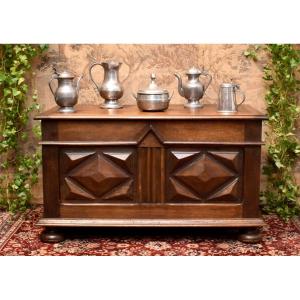 Small Louis XIII Style Chest In Walnut, Diamond Point Decor And Ball Feet.