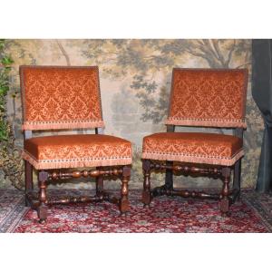 Pair Of Louis XIII Style Chairs With Flat And Short Backs In Walnut, 19th Century, Velvet Fabric