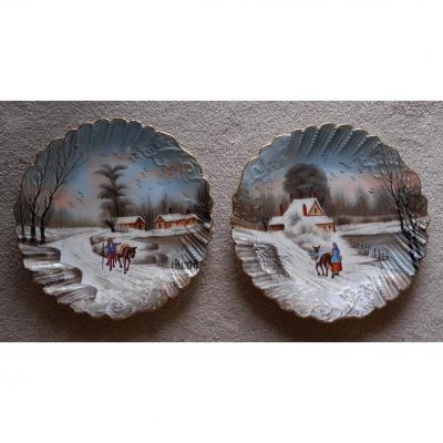 Pair Of Plates Limoges Porcelain, Decor Of Snow And Character, Painted Hand.