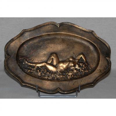 Bronze Oval Plate, Art Nouveau, Bare Nude Decoration.
