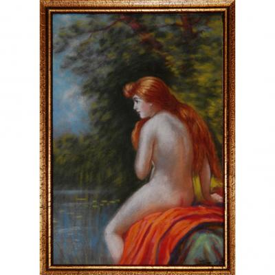 Nu féminin , Pastel Encadré, Antoine Soustre Limoges , Jeune Femme rousse ,  longs cheveux roux  Nue dans la nature.