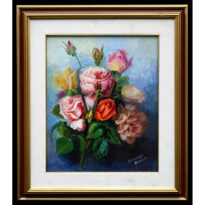 Peinture, tableau huile sur toile au bouquet de fleurs.