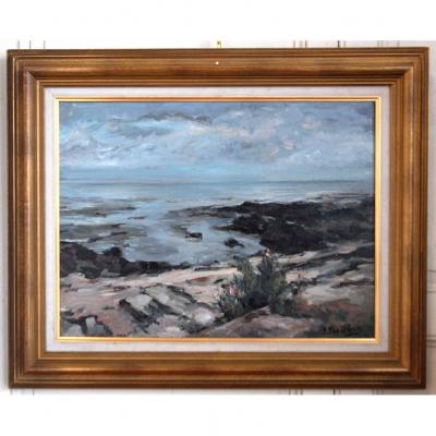 Tableau Paysage Bord De Mer, Peinture Signée P.papillaud.