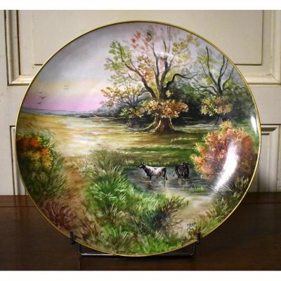 P. Pastaud. Large Decorative Dish Porcelain Hand Painted Limoges, Scenery Landscape And Cows.