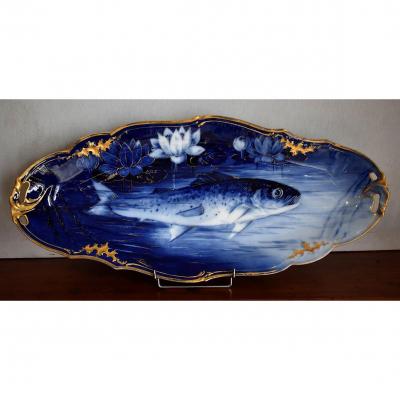 P.pastaud. Large Decorative Limoges Porcelain Dish, Hand Painted Decor In Blue Camaïeu.