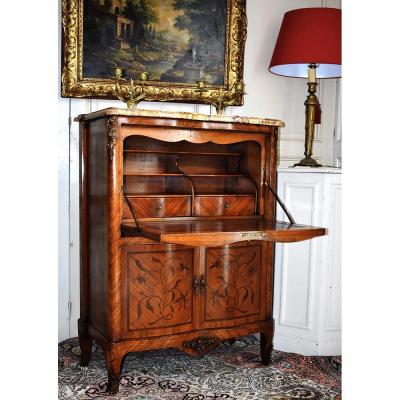 Curved Secretary, Rosewood Veneer And Marquetry, Stamped Secretary Of Louis XV Style
