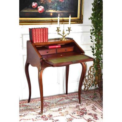 Slope Desk, Lady Secretary With Floral Marquetry Decor, Louis XV Style.