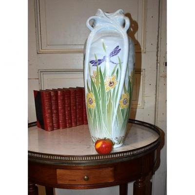 Important Art Nouveau Style Vase, Limoges Haviland Porcelain, Dragonflies And Daffodils