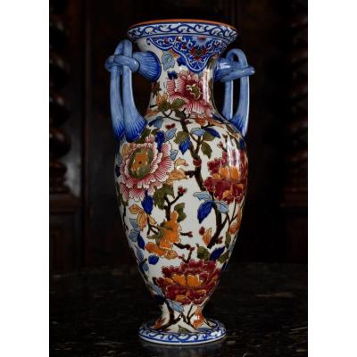 Grand Vase En Fa&iuml;ence De Gien, D&eacute;cor  Floral Aux Pivoines P&eacute;riode 1938.