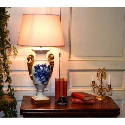 Important Limoges Porcelain Lamp, Shades Of Blue And Fine Gold, Hand Painted Floral Decor