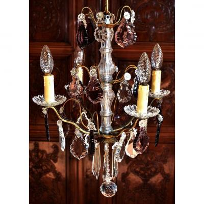 Chandelier With Tassels And Pendeloques, Four Arms Of Light, Mauve Color.