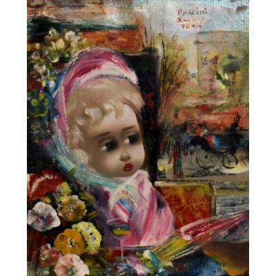 Santini Poncini, Child Portrait Porcelain Head In Front Of Paris View,