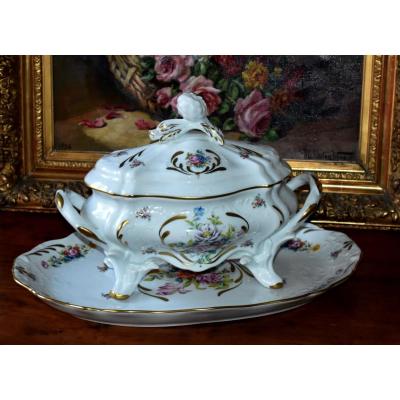 Large Soup Tureen And Its Sleeping Dish In Limoges Porcelain, Floral Decor.