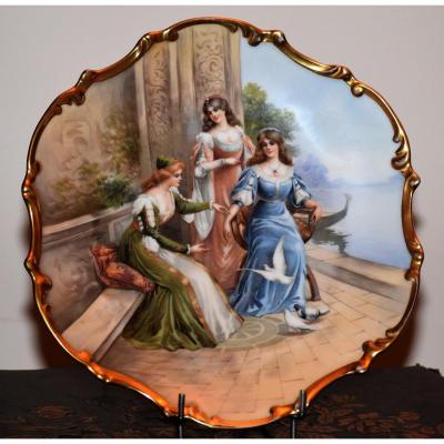 Collection Plate In Decorative Porcelain From Limoges, Period 1929. 3 Graces Decor.