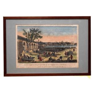 Jacques Chereau le jeune d'après Joseph Vernet.  Vue Optique Du Le Pont Neuf Ou l'Arsenal De Toulon Vu De l'Angle Du Parc d'Artillerie, gravure encadrée.