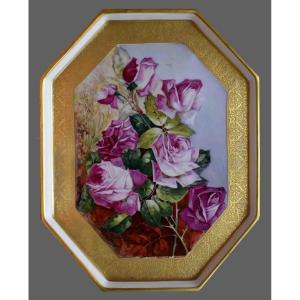 Leroussaud Limoges, Peinture Sur Porcelaine, Grand Plateau Décoratif, Plat  Décor Bouquet De Roses et incrustation double dorure or.