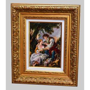 Large Limoges Enamel Signed Fj Carmona, Galante Scene