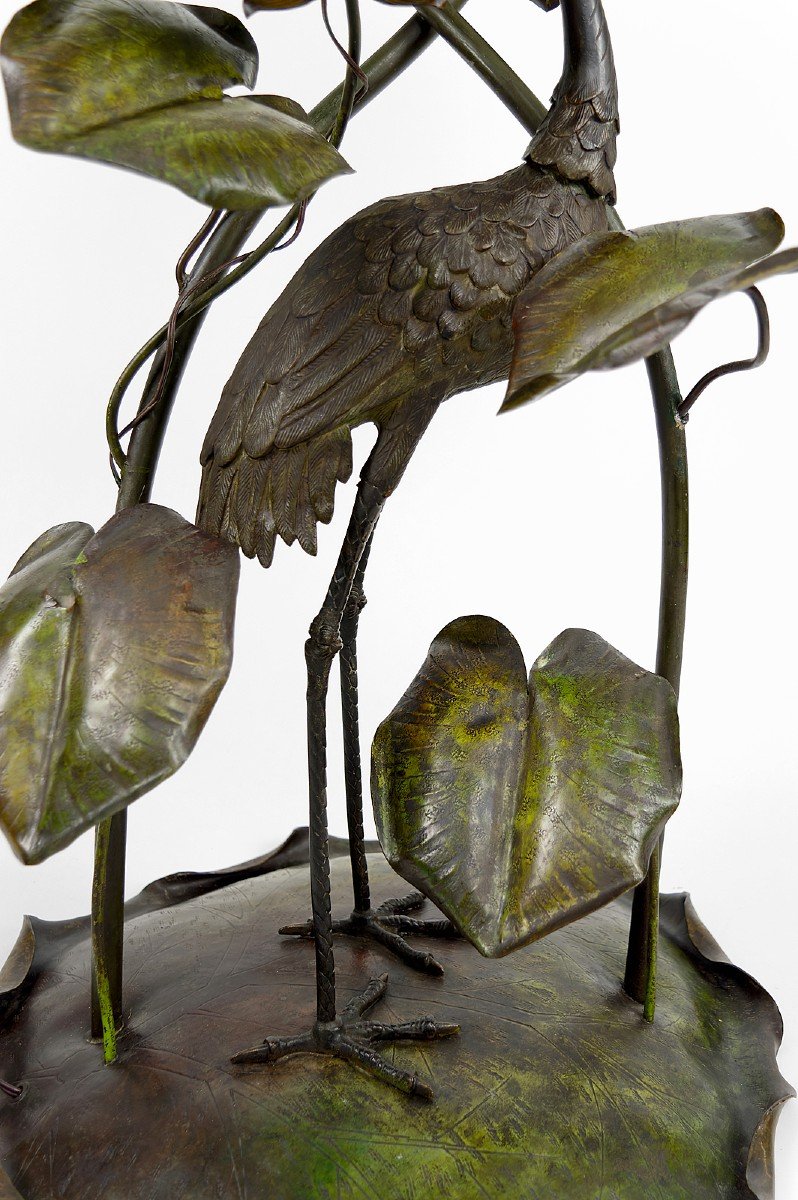 Japanese Heron Floor Lamp, Art Nouveau, France, Circa 1900-photo-3