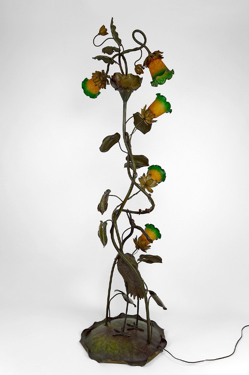 Japanese Heron Floor Lamp, Art Nouveau, France, Circa 1900-photo-1