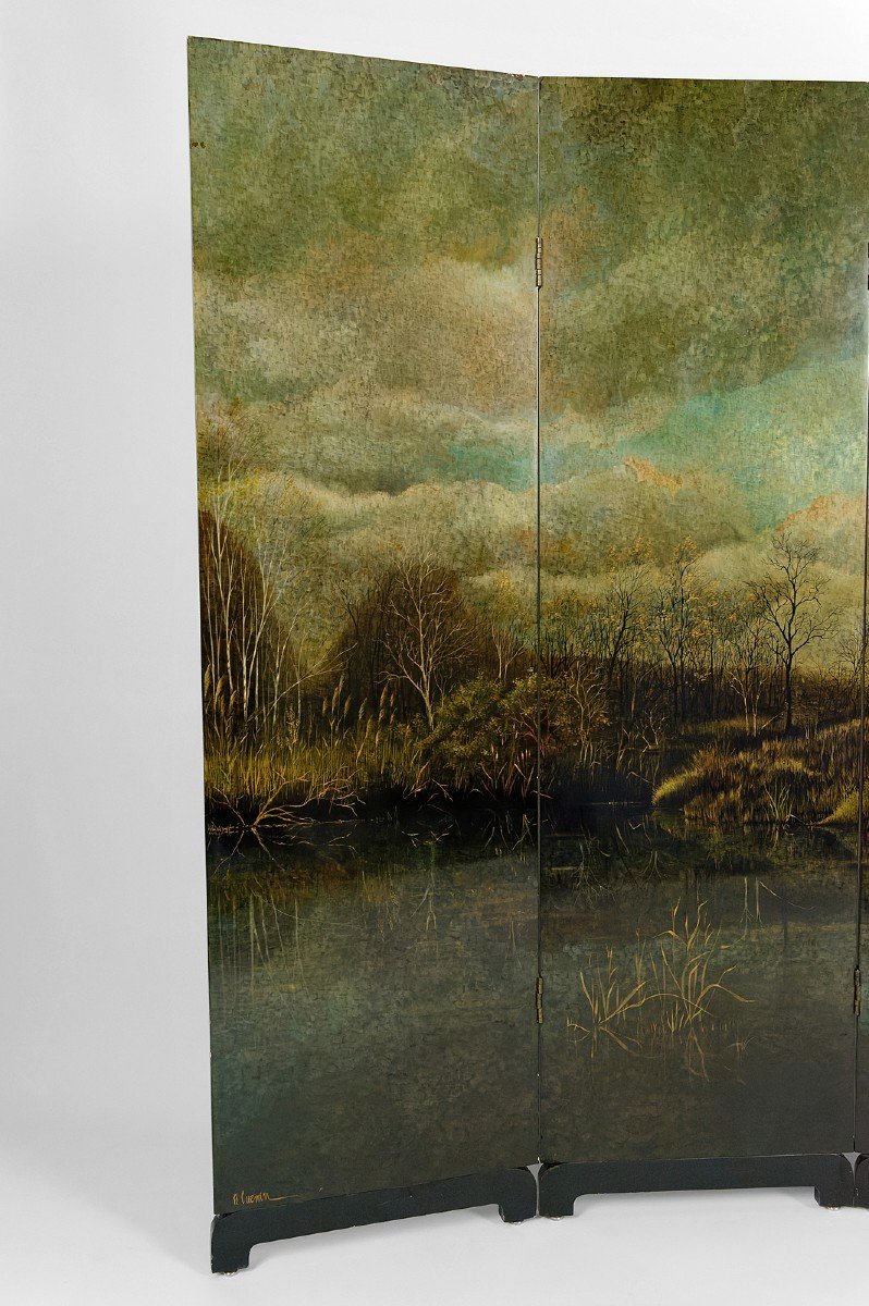 4-leaf Screen With Lacquered Landscape By Bernard Cuenin, Circa 1970-photo-2