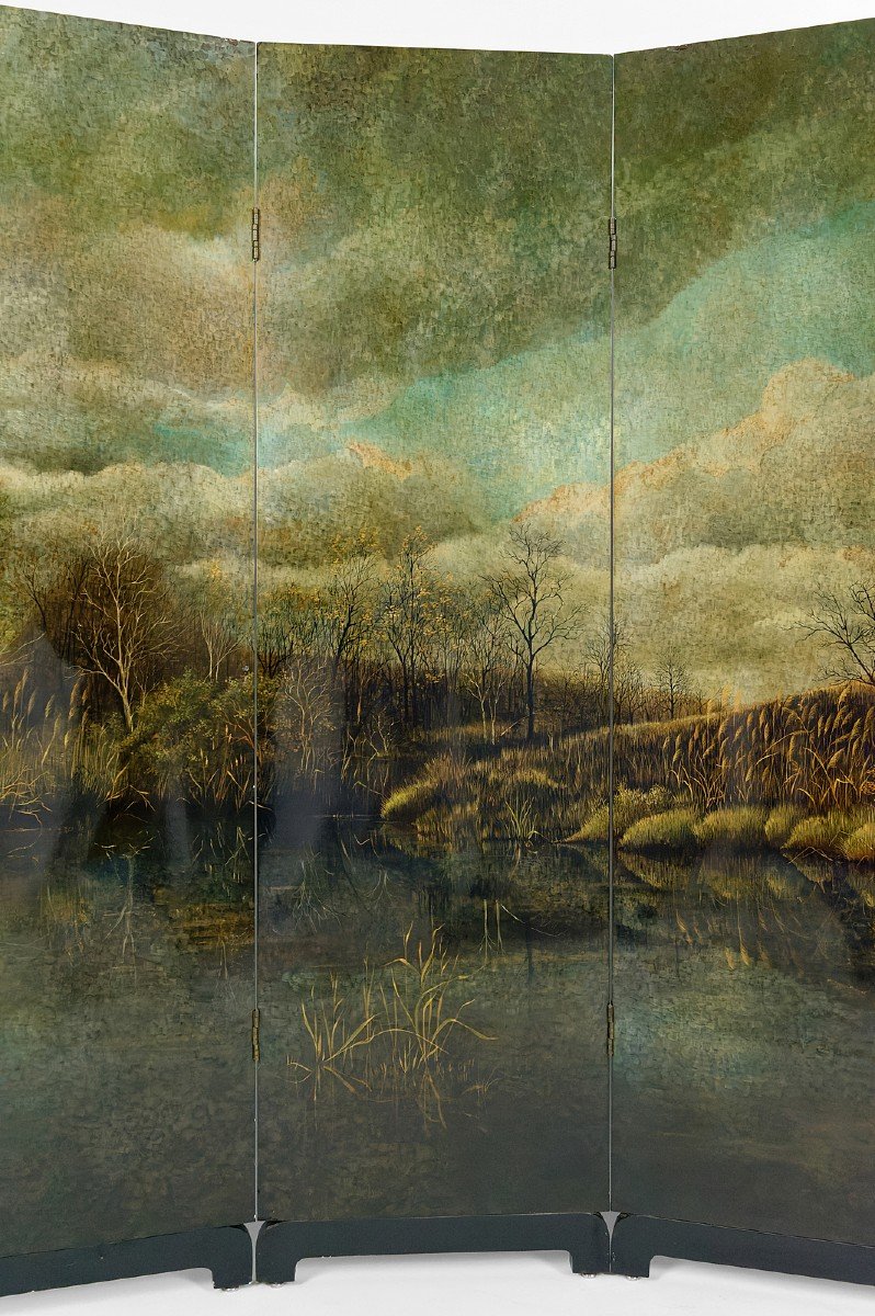 4-leaf Screen With Lacquered Landscape By Bernard Cuenin, Circa 1970-photo-3